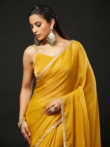 KASEE Women's Mustard Silk Blend Saree with Embroidered Border