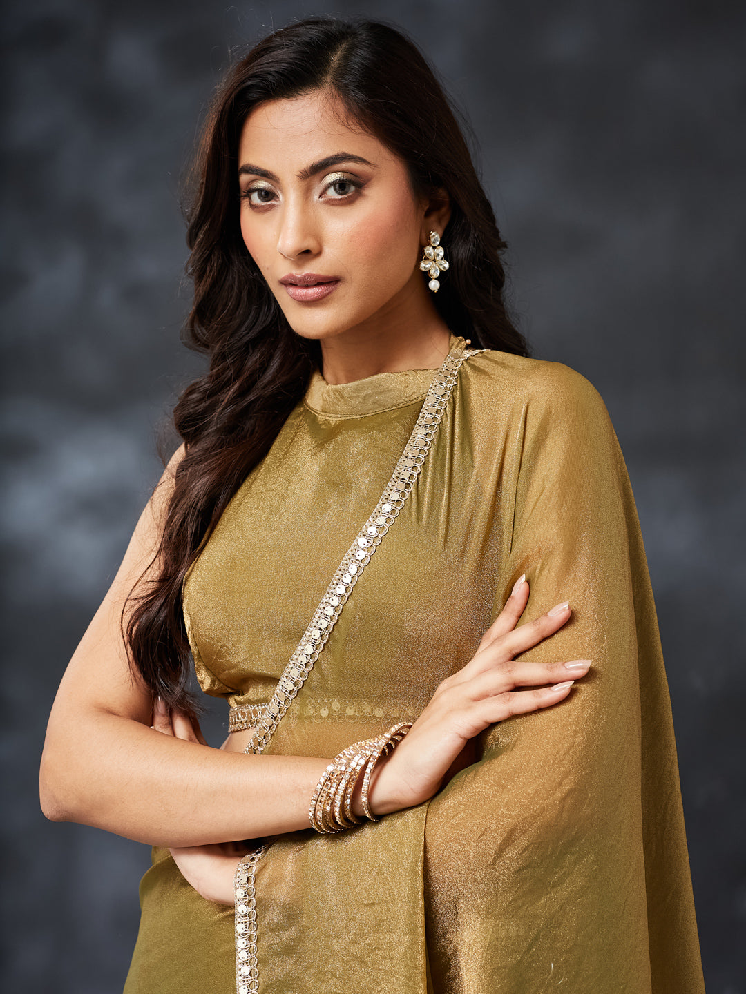 KASEE Women's Olive Green Silk Blend Saree with Embroidered Border