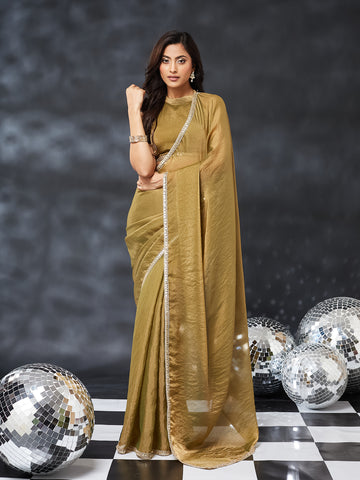 KASEE Women's Olive Green Silk Blend Saree with Embroidered Border