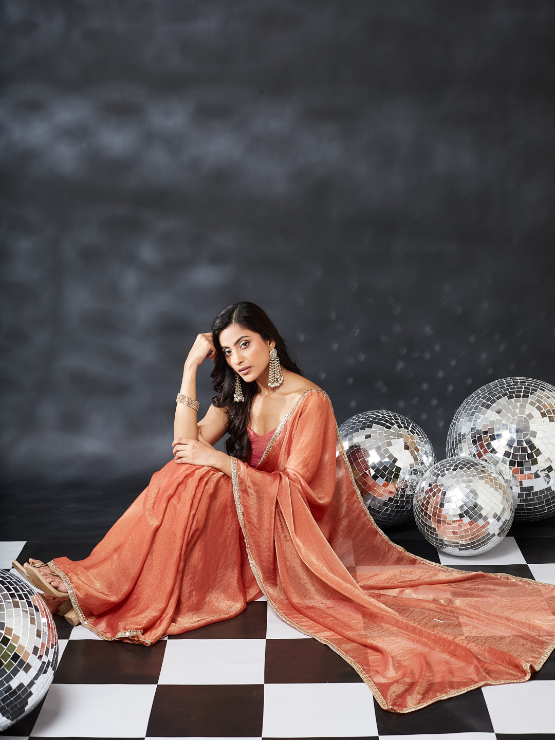 KASEE Women's Peach Silk Blend Saree with Embroidered Border