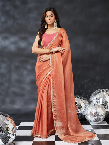 KASEE Women's Peach Silk Blend Saree with Embroidered Border