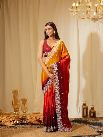 Kasee Women's Rust Silk Blend Saree with Embroidered Border