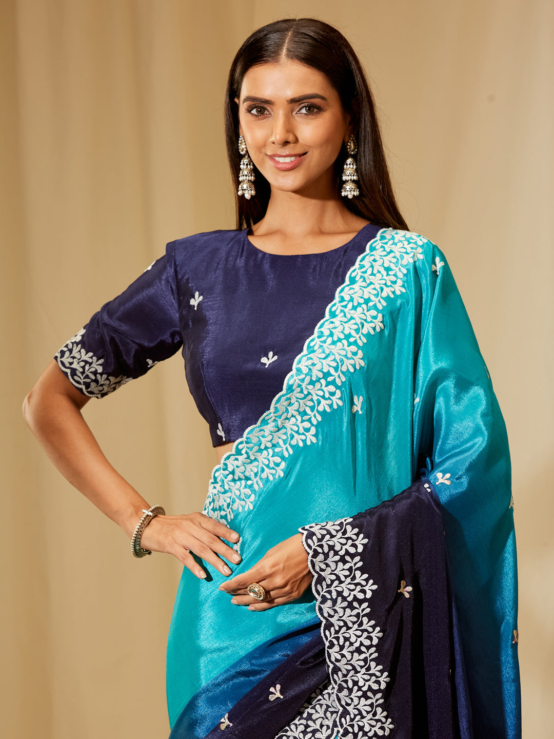 Kasee Women's Teal Blue Silk Blend Saree with Embroidered Border