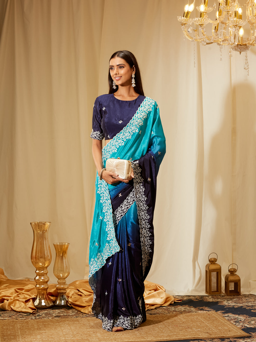 Kasee Women's Teal Blue Silk Blend Saree with Embroidered Border