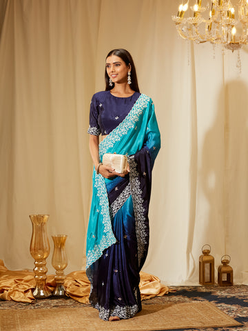 Kasee Women's Teal Blue Silk Blend Saree with Embroidered Border