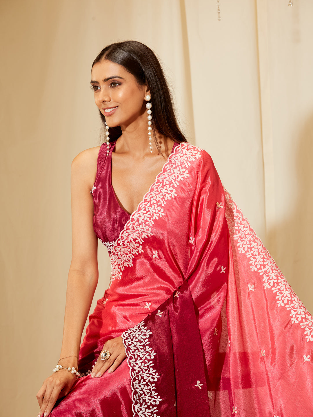 Kasee Women's Wine Silk Blend Saree with Embroidered Border