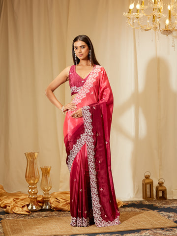 Kasee Women's Wine Silk Blend Saree with Embroidered Border