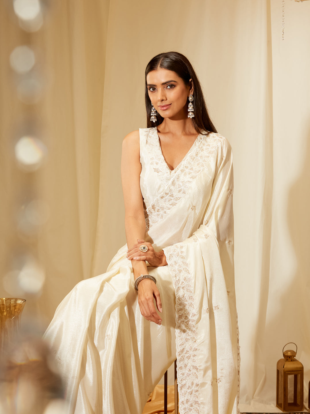 Kasee Women's Off-White Silk Blend Saree with Subtle Embroidered Border