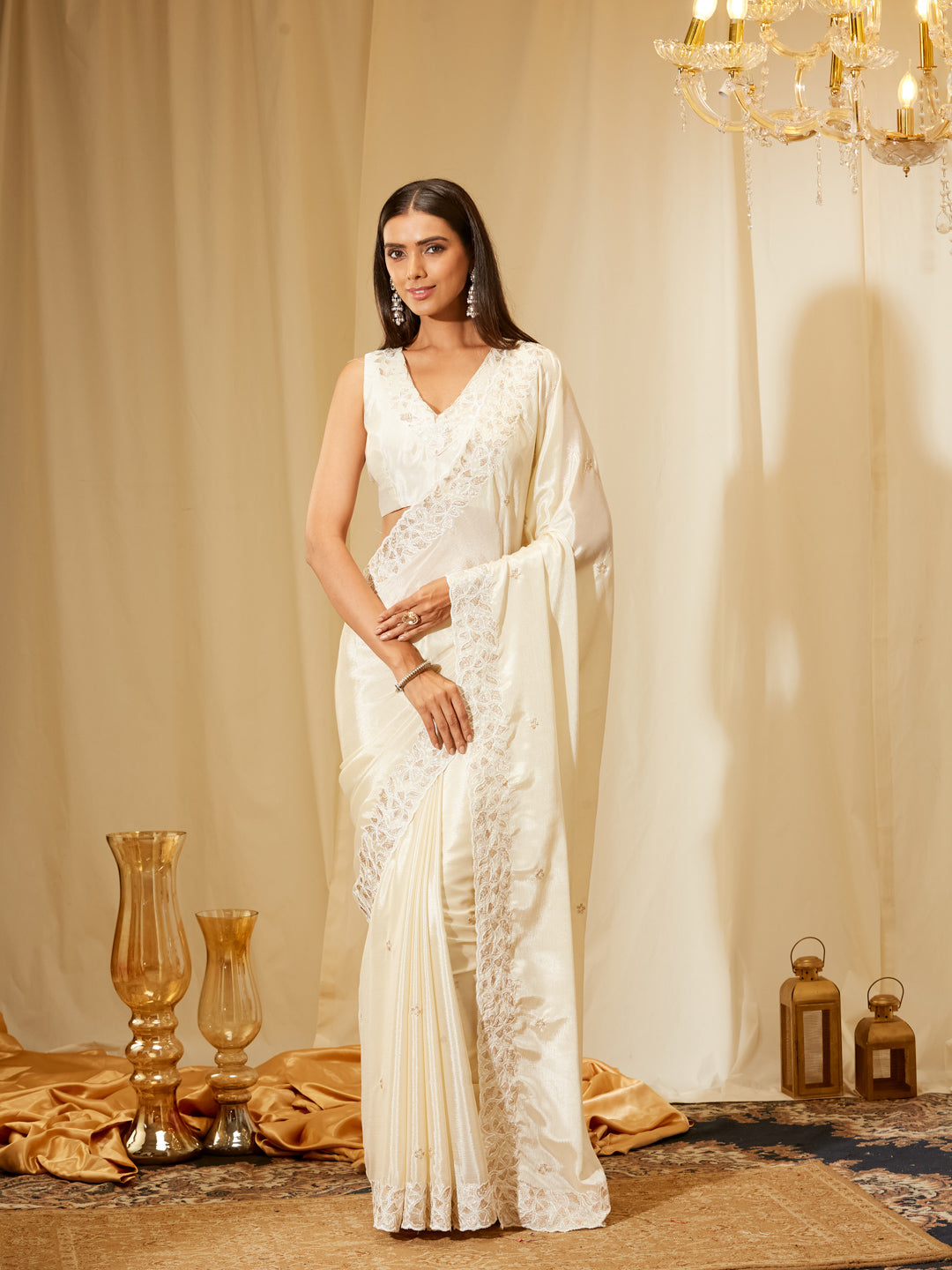 Kasee Women's Off-White Silk Blend Saree with Subtle Embroidered Border