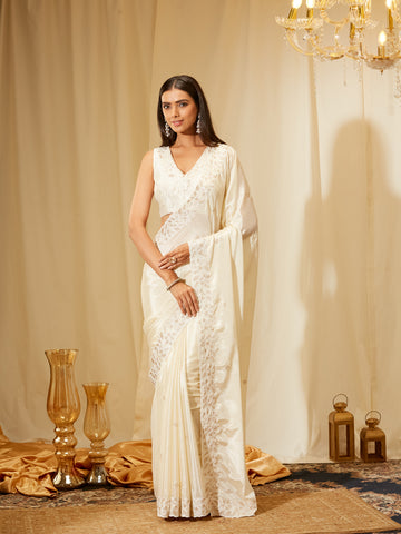 Kasee Women's Off-White Silk Blend Saree with Subtle Embroidered Border