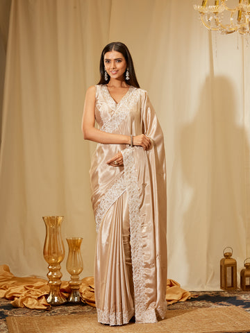 Kasee Women's Gold Silk Blend Saree with Subtle Embroidered Border