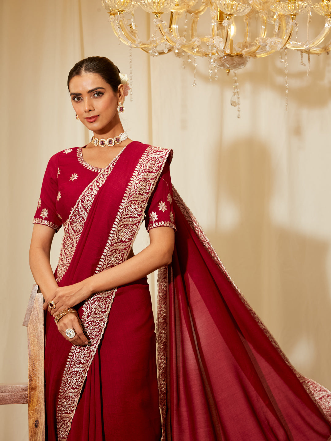 Kasee Women's Maroon Silk Saree with Silver Embroidered Border