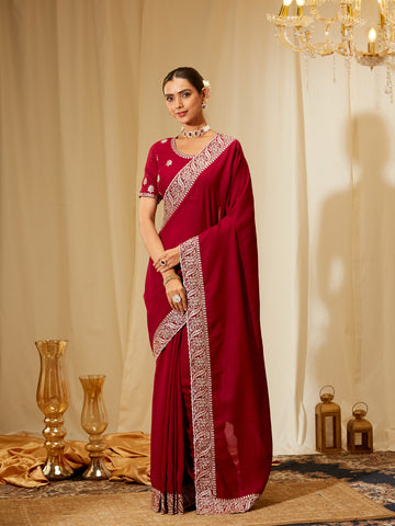 Kasee Women's Maroon Silk Saree with Silver Embroidered Border