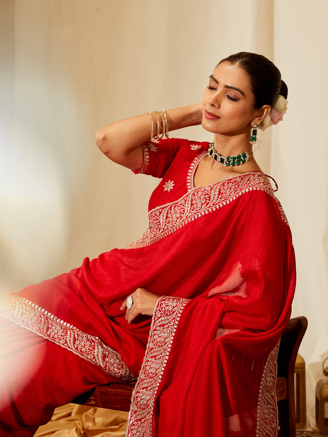 Kasee Women's Red Silk Saree with Silver Embroidered Border