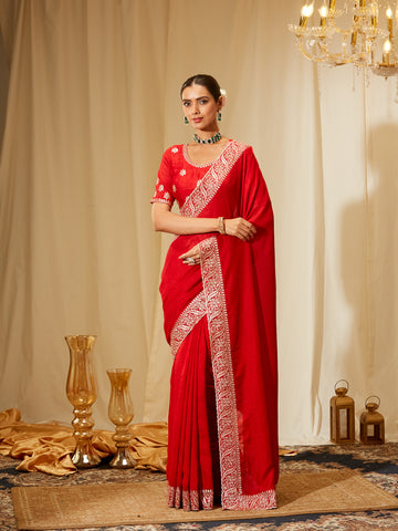 Kasee Women's Red Silk Saree with Silver Embroidered Border
