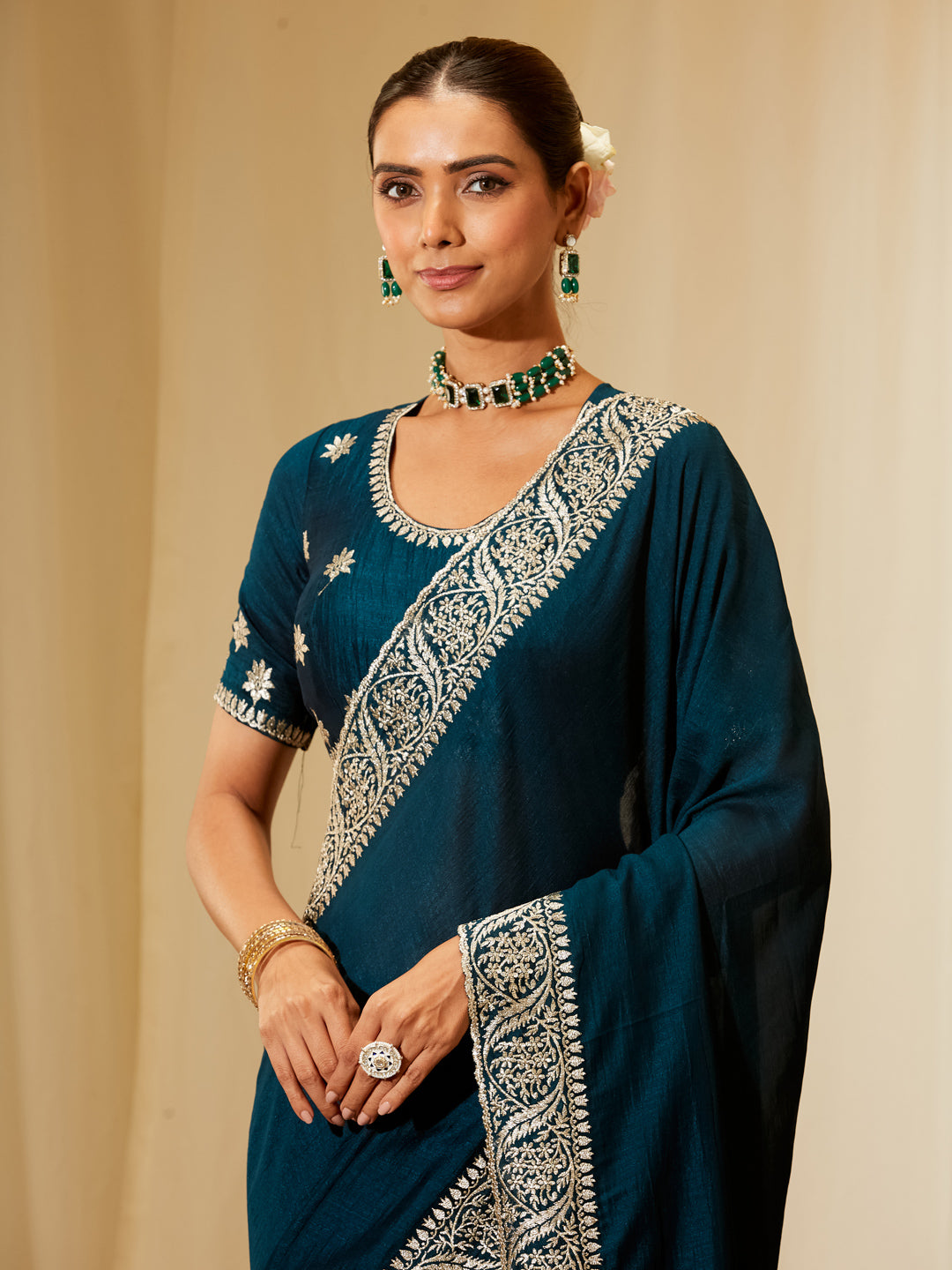 Kasee Women's Peacock Blue Silk Saree with Silver Embroidered Border