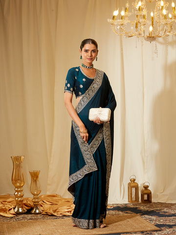 Kasee Women's Peacock Blue Silk Saree with Silver Embroidered Border