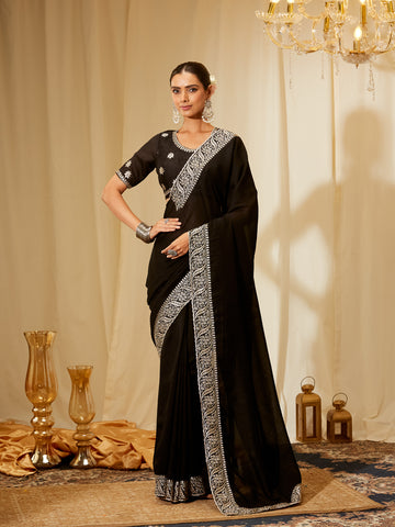Kasee Women's Black Silk Saree with Silver Embroidered Border
