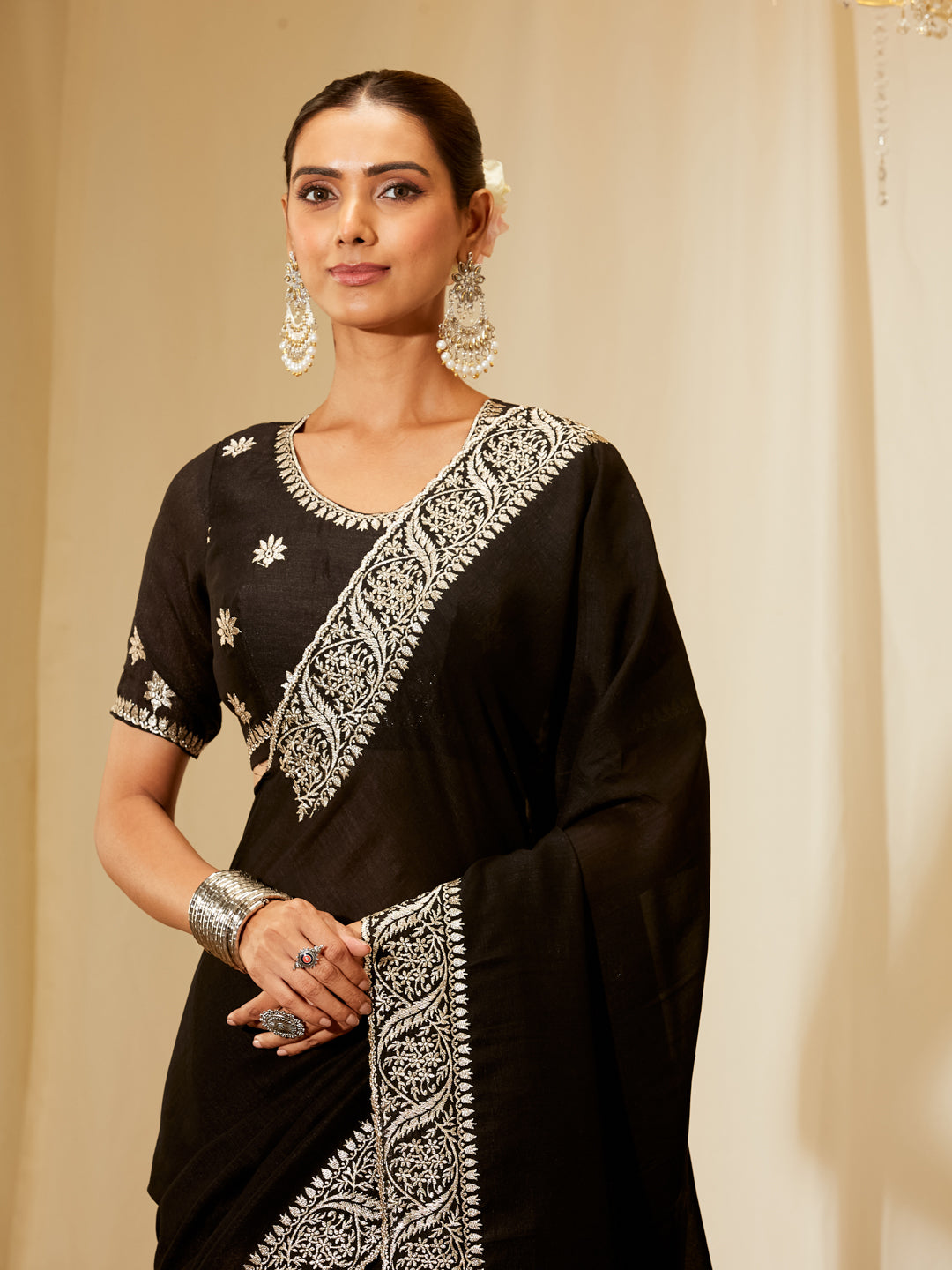 Kasee Women's Black Silk Saree with Silver Embroidered Border
