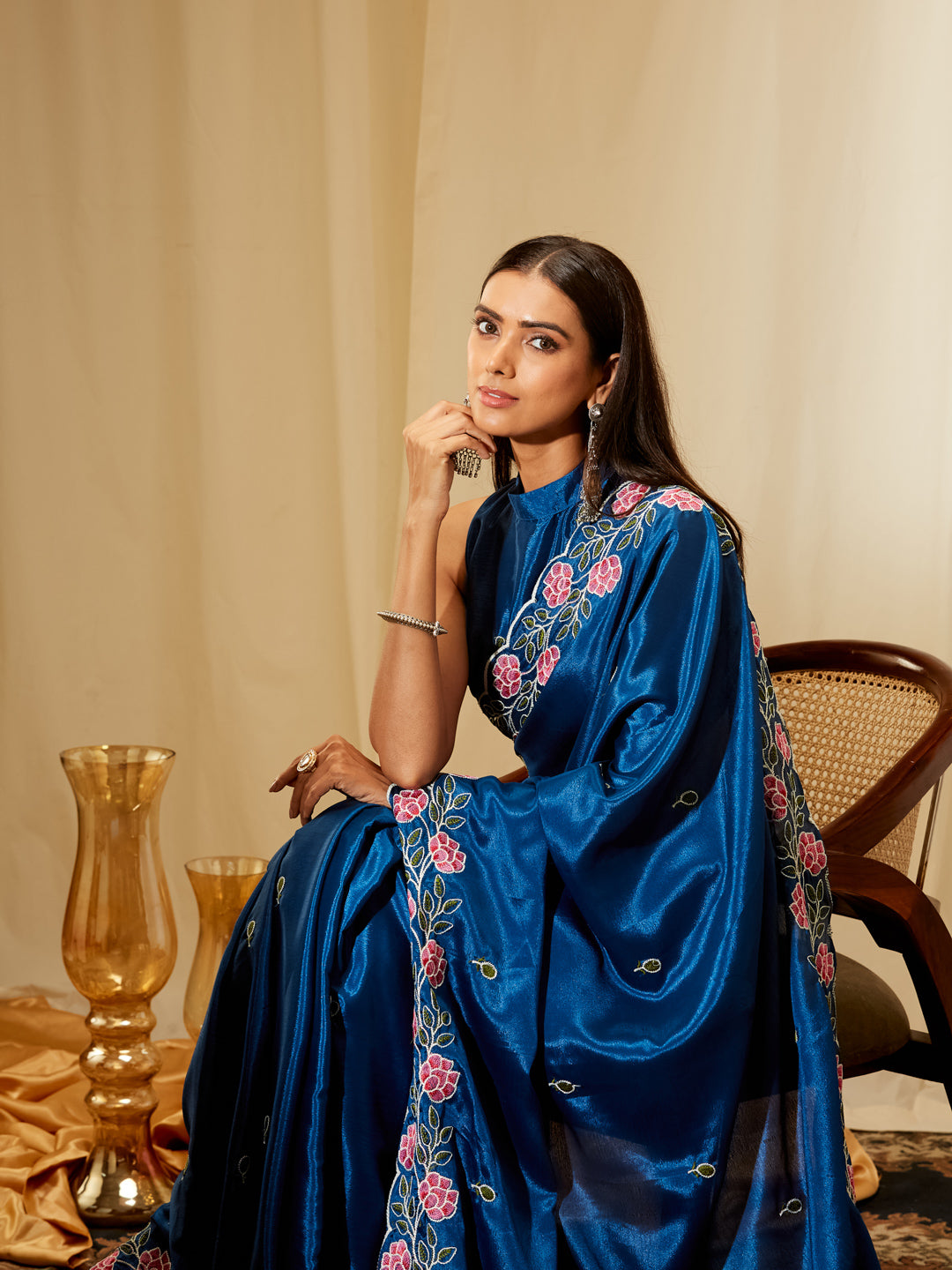 Kasee Women's .Royal Blue Poly Chiffon Saree with Pink Floral Embroidered Border
