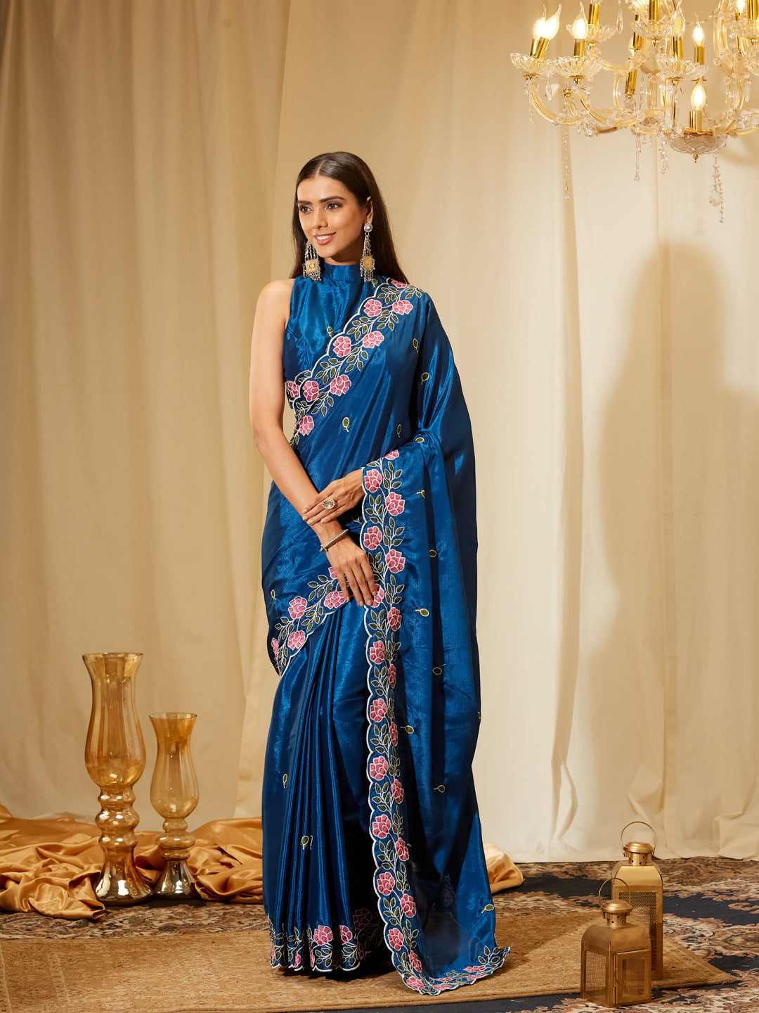 Kasee Women's .Royal Blue Poly Chiffon Saree with Pink Floral Embroidered Border