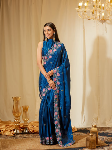 Kasee Women's .Royal Blue Poly Chiffon Saree with Pink Floral Embroidered Border