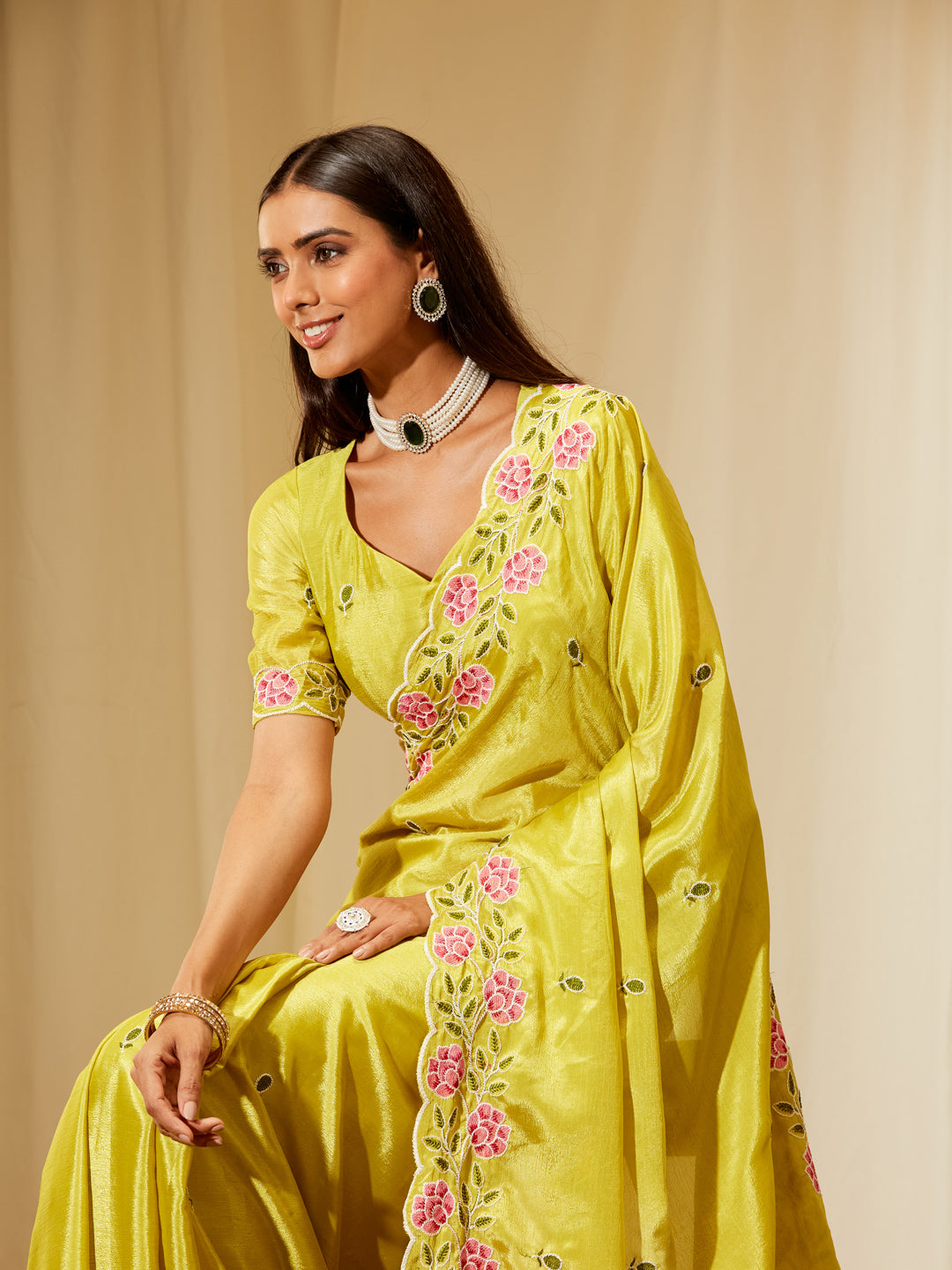 Kasee Women's Lime Green Poly Chiffon Saree with Pink Floral Embroidered Border