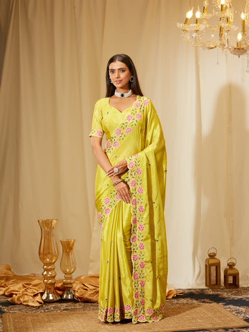 Kasee Women's Lime Green Poly Chiffon Saree with Pink Floral Embroidered Border