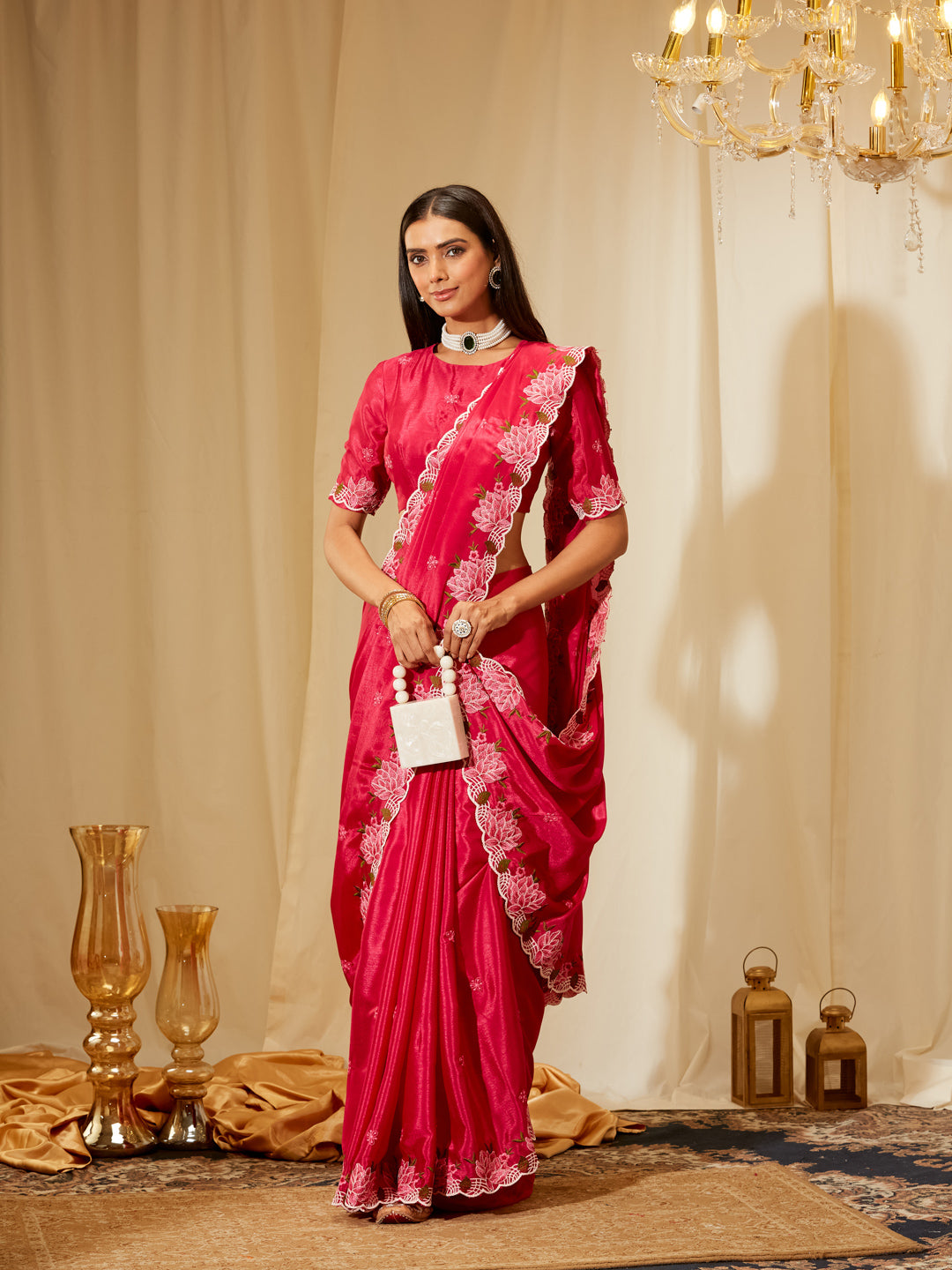 Kasee Women's Rani Pink Poly Chiffon Saree with Pink Floral Embroidered Border