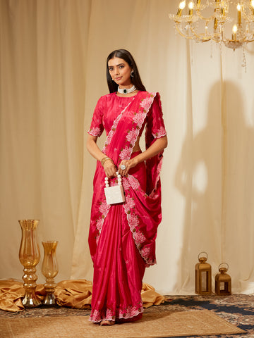 Kasee Women's Rani Pink Poly Chiffon Saree with Pink Floral Embroidered Border