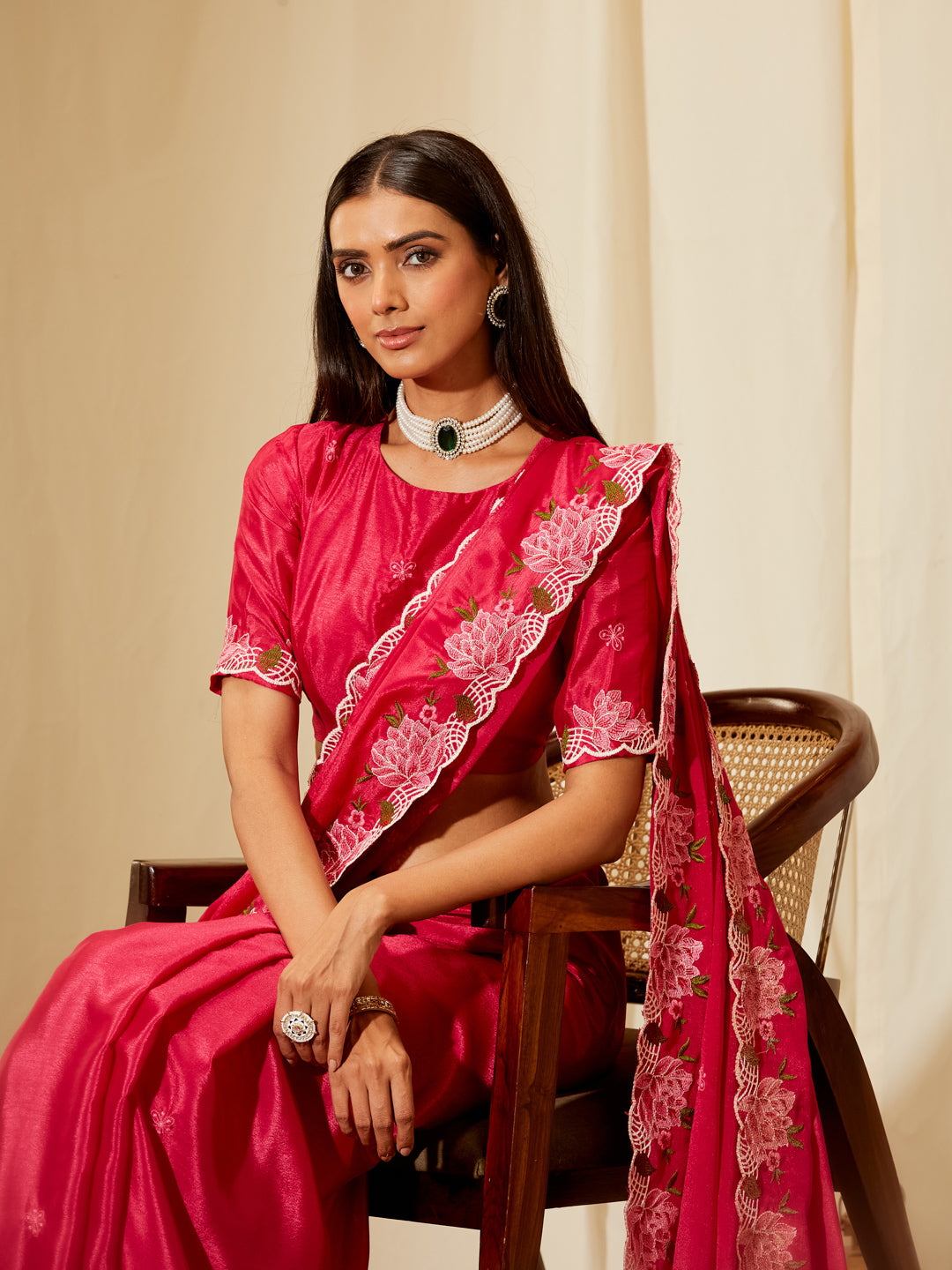 Kasee Women's Rani Pink Poly Chiffon Saree with Pink Floral Embroidered Border