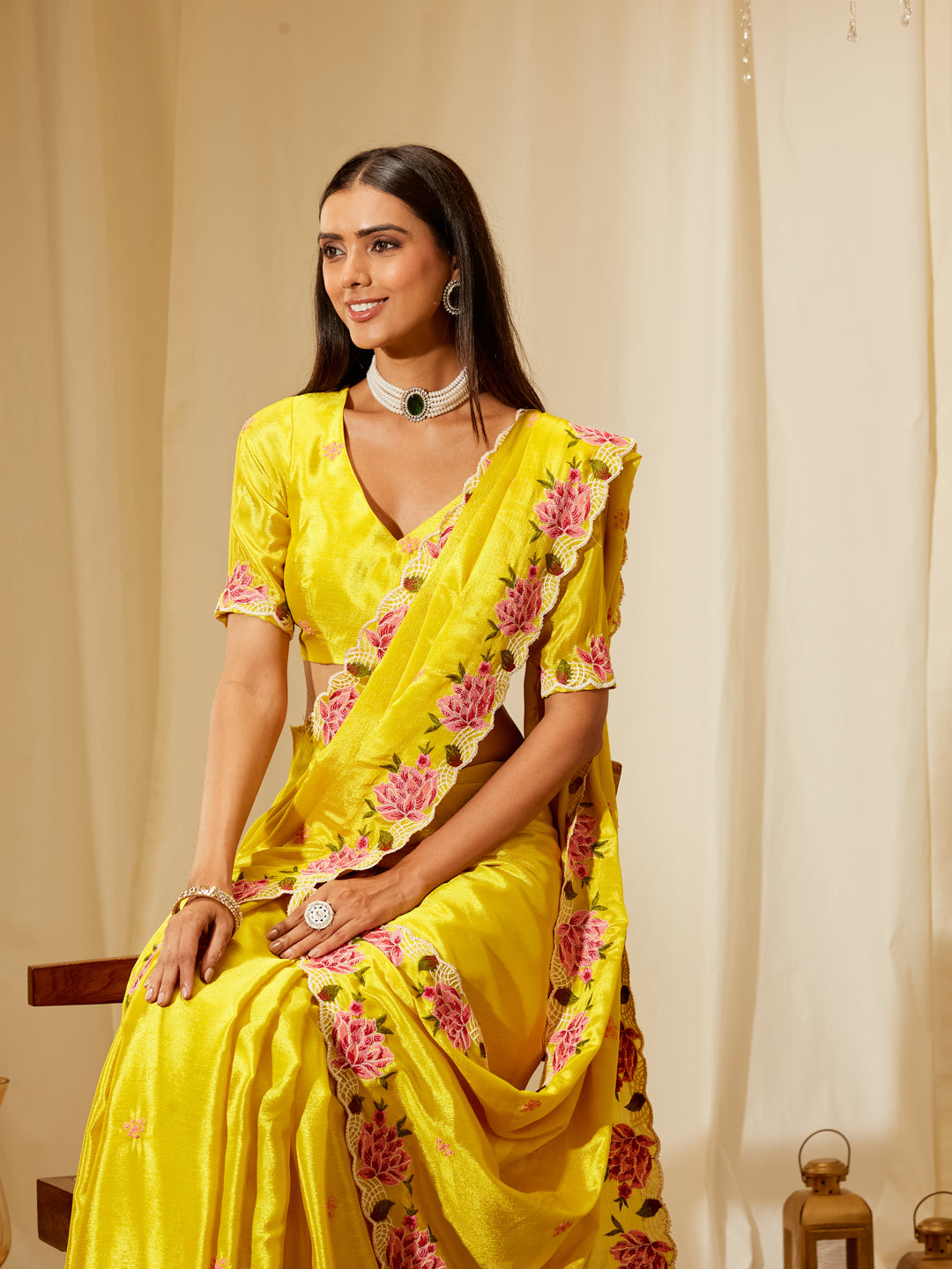 Kasee Women's Yellow Poly Chiffon Saree with Pink Floral Embroidered Border