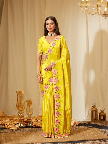 Kasee Women's Yellow Poly Chiffon Saree with Pink Floral Embroidered Border