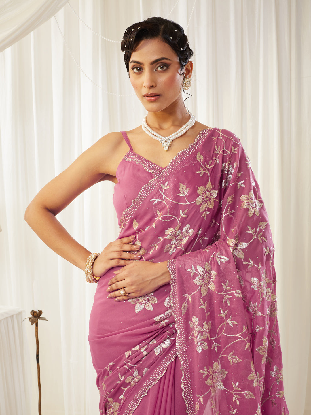 KASEE Women's Pink Embroidered Poly Silk Saree with Metallic Floral Threadwork & Stone Border