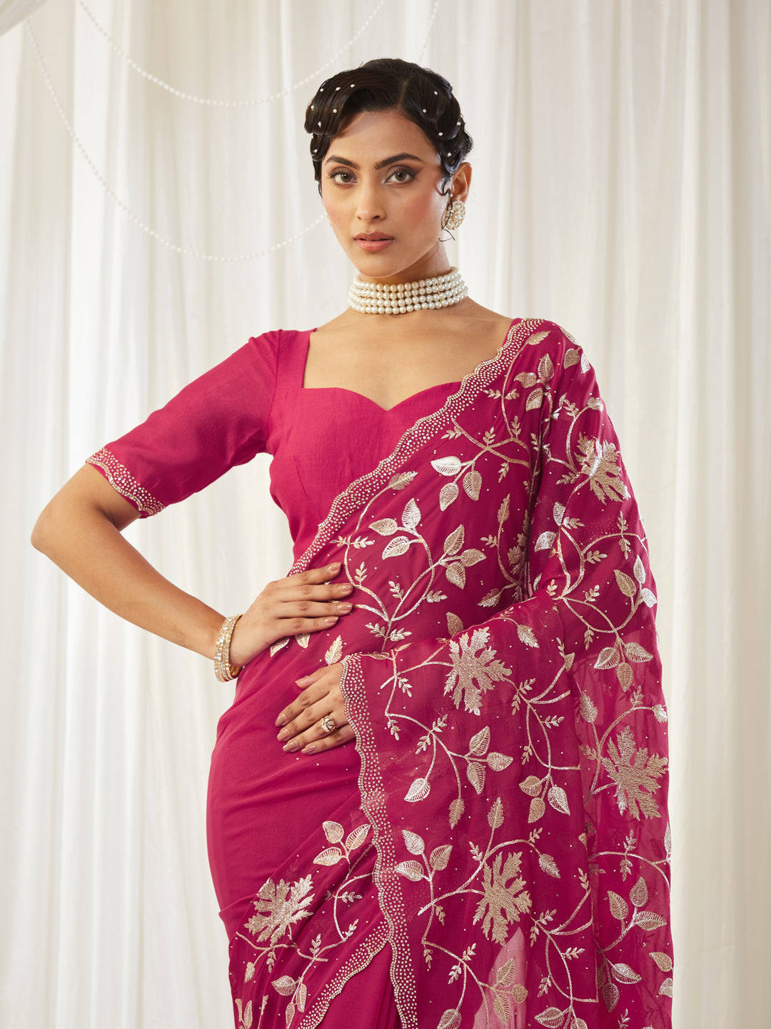 KASEE Women's Maroon Poly Silk  Saree with Silver Metallic Floral Embroidery & Scalloped Stone Border