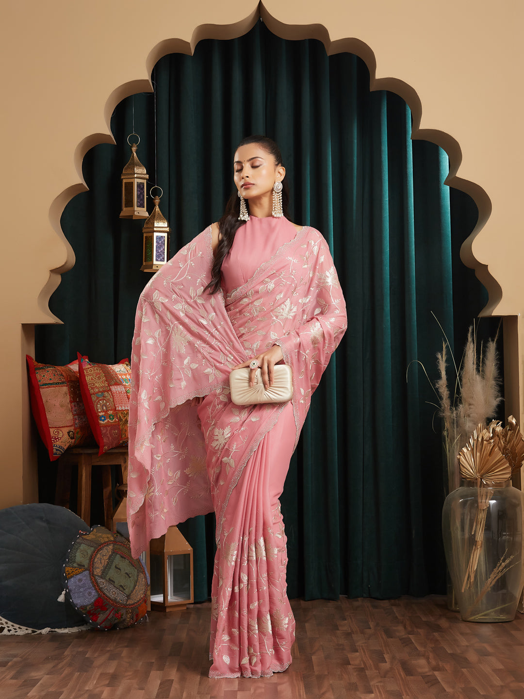 KASEE Women's Pink Poly Silk  Saree with Silver Metallic Floral Embroidery & Scalloped Stone Border