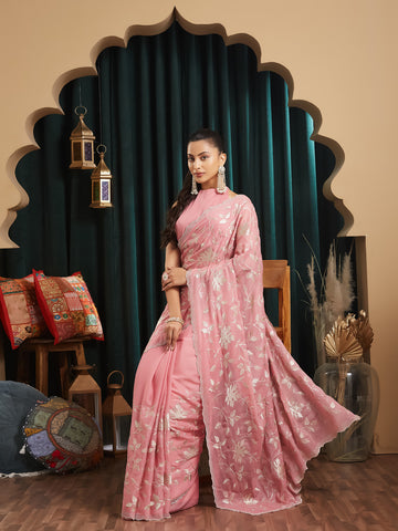 KASEE Women's Pink Poly Silk  Saree with Silver Metallic Floral Embroidery & Scalloped Stone Border