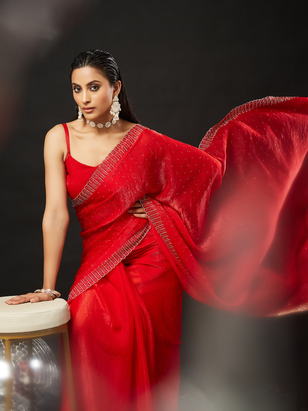 KASEE Women's Red Embellished Silk Blend  Saree