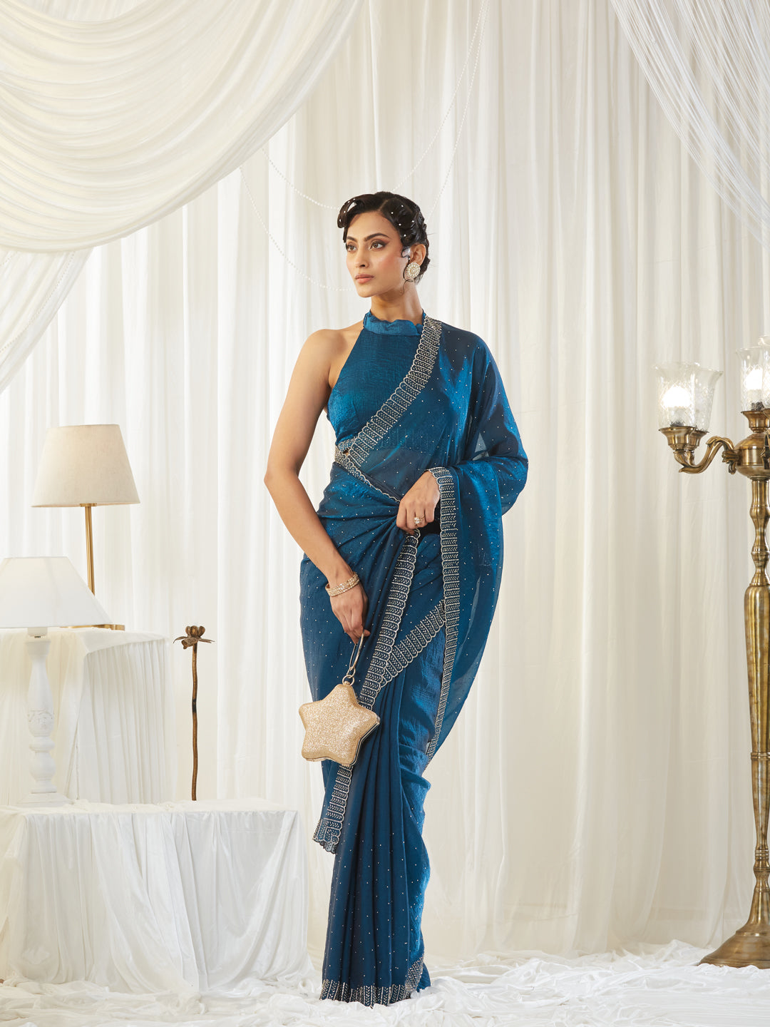 KASEE Women's Royal Blue Embellished Silk Blend  Saree