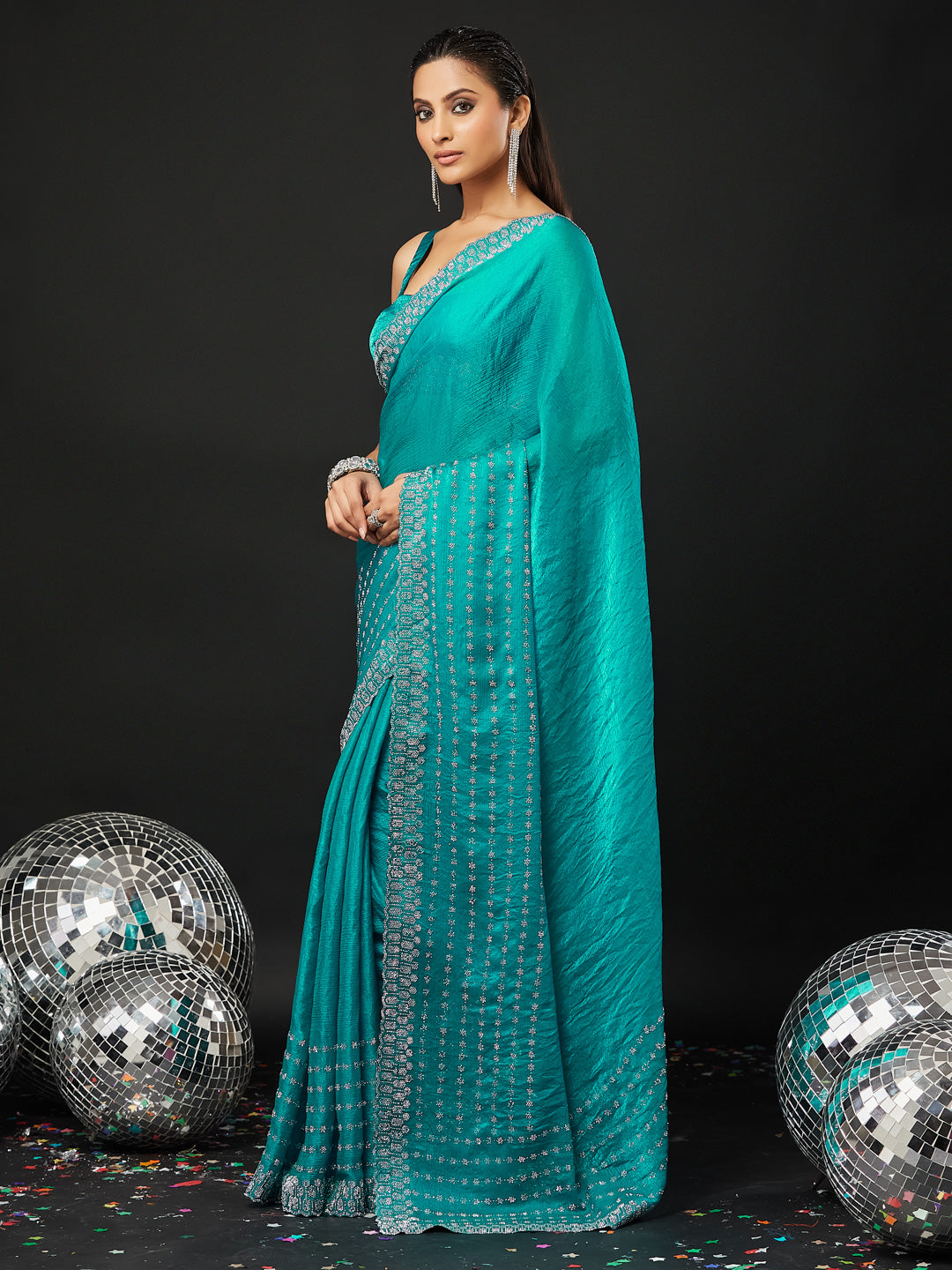 KASEE Women's Blue Embellished Silk Blend Saree