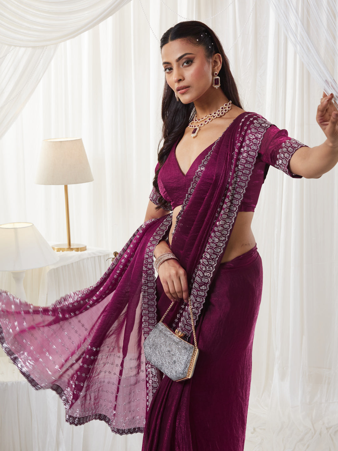 KASEE Women's Wine Embellished Silk Blend Saree