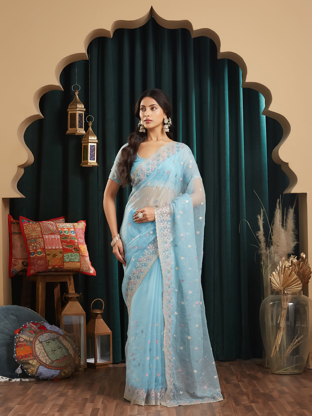 KASEE Women's Blue Poly Chiffon Saree with Multicolor Butis & Intricate Embroidered Floral Border