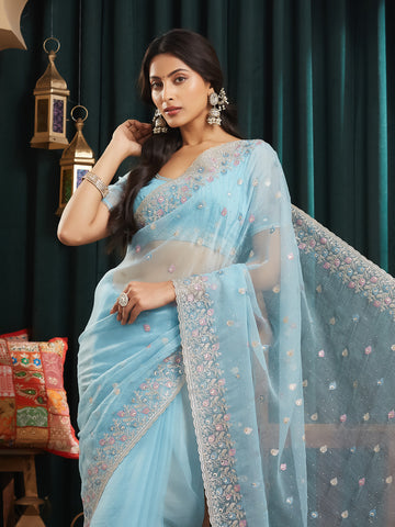 KASEE Women's Blue Poly Chiffon Saree with Multicolor Butis & Intricate Embroidered Floral Border