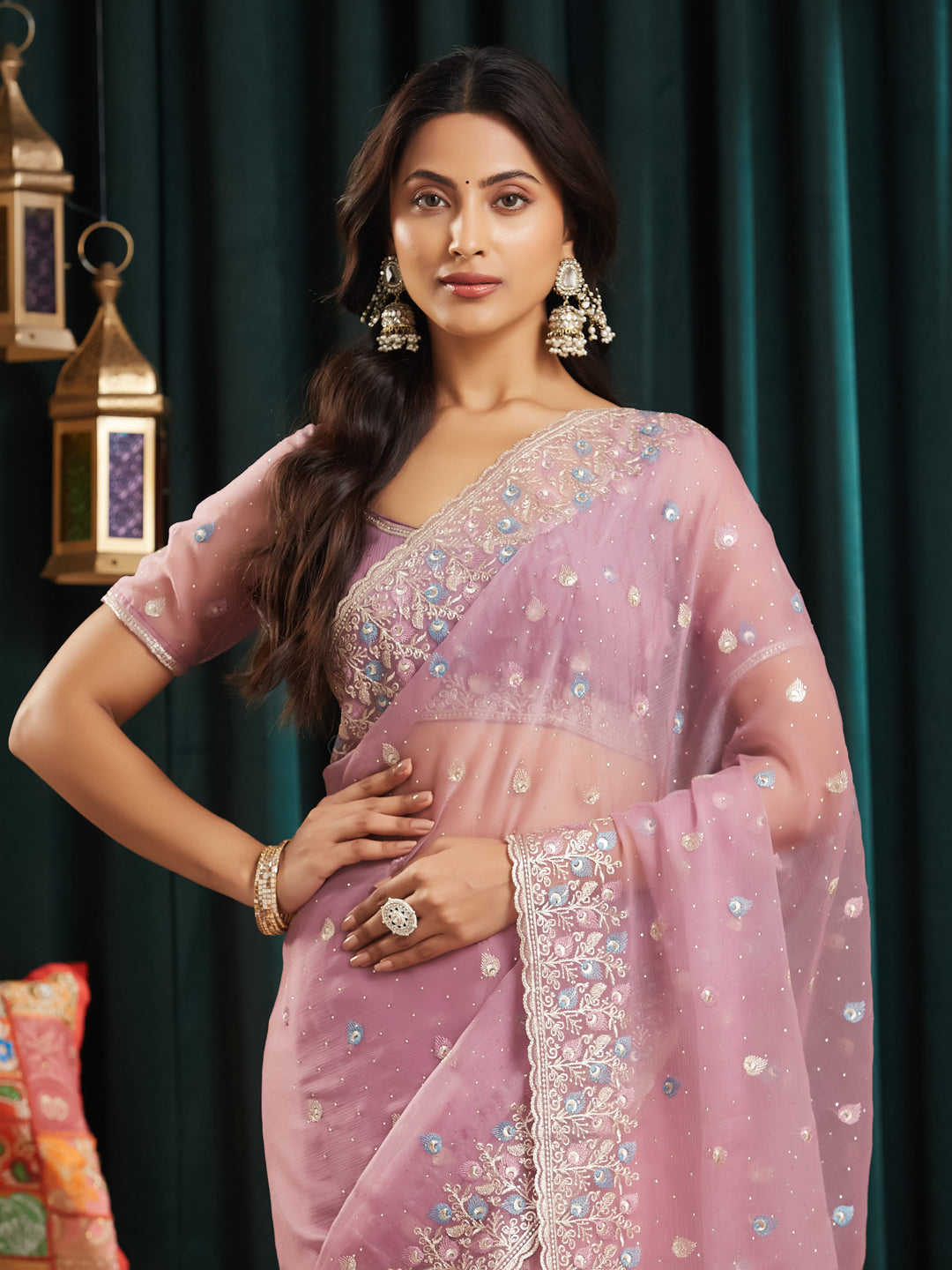 KASEE Women's Lavender Poly Chiffon Saree with Multicolor Butis & Intricate Embroidered Floral Border