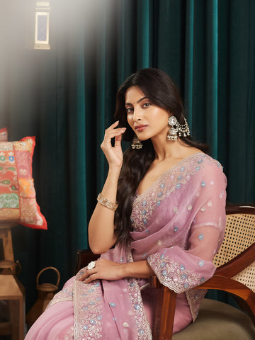 KASEE Women's Lavender Poly Chiffon Saree with Multicolor Butis & Intricate Embroidered Floral Border