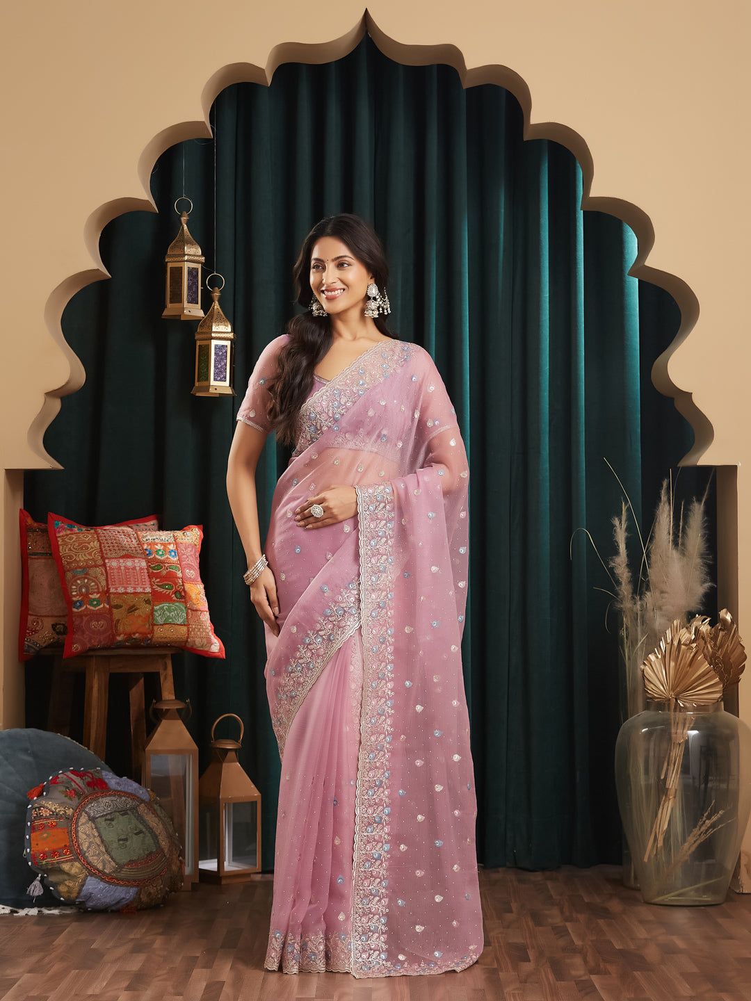 KASEE Women's Lavender Poly Chiffon Saree with Multicolor Butis & Intricate Embroidered Floral Border