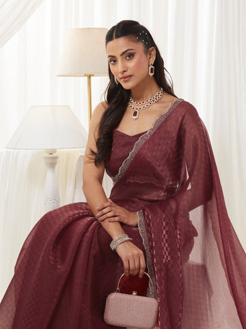 KASEE Women's Coffee Woven Art Silk Saree with Checkered Design & Embellished Border