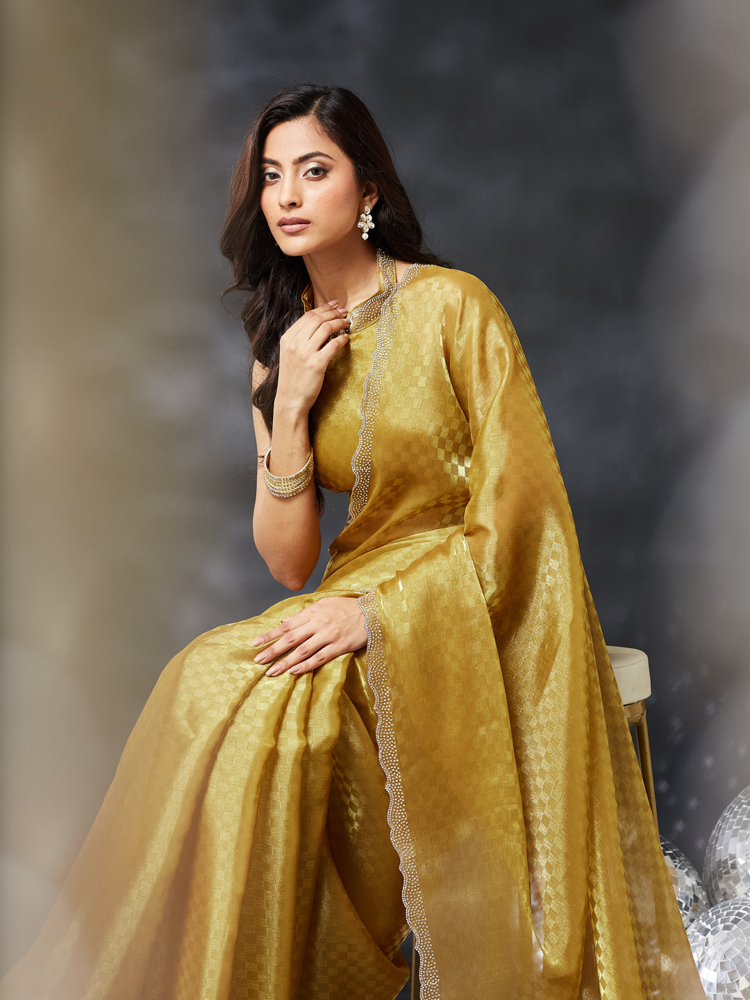 KASEE Women's Gold Woven Art Silk Saree with Checkered Design & Embellished Border