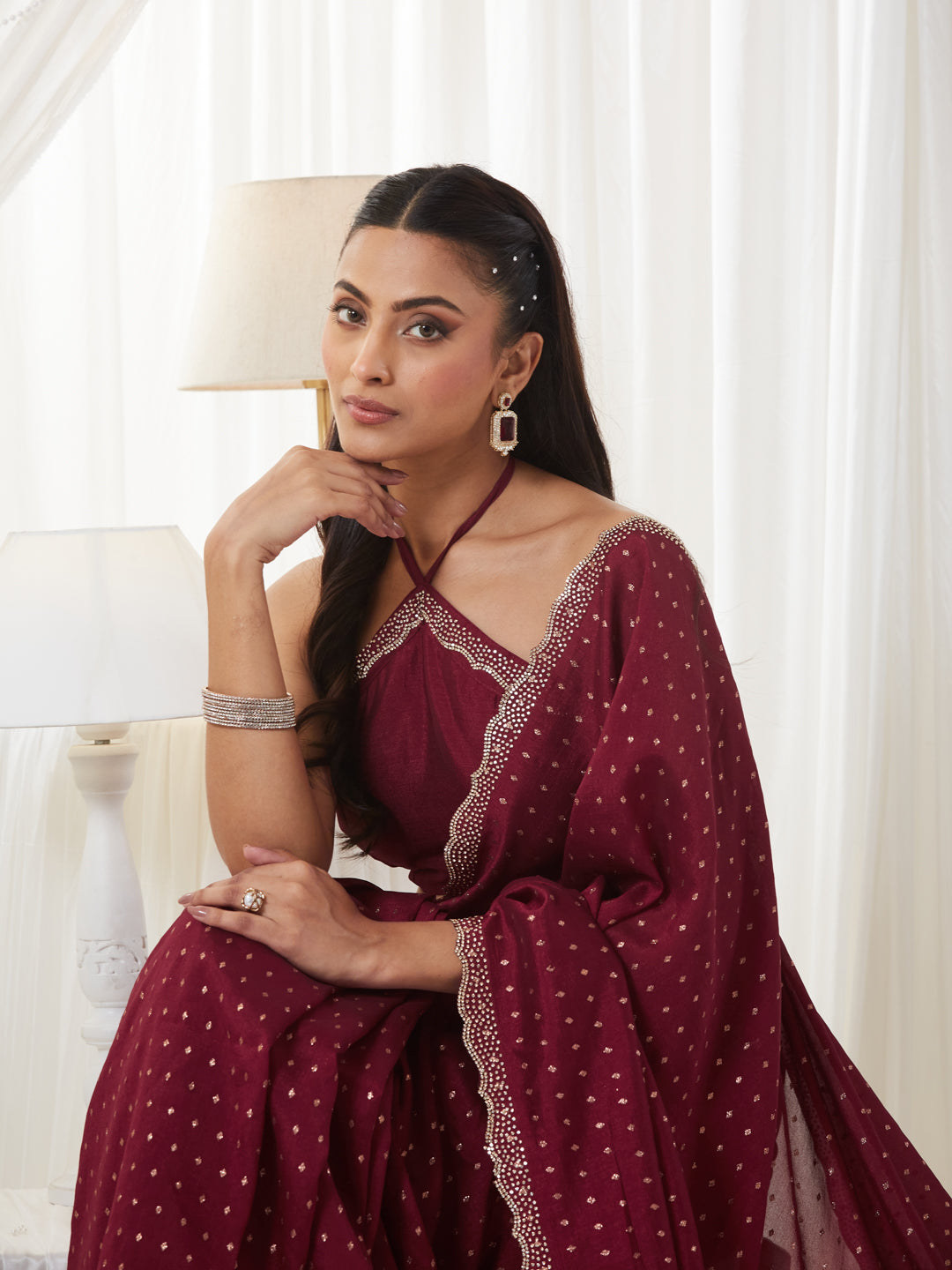 KASEE Women's Maroon Woven Art Silk Saree with Checkered Design & Embellished Border