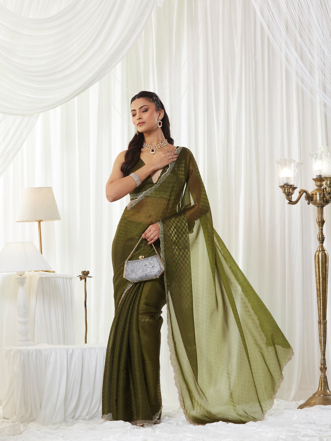 KASEE Women's Olive Green Woven Art Silk Saree with Checkered Design & Embellished Border